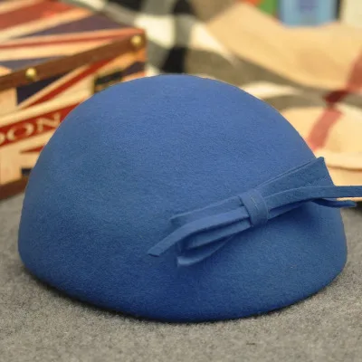 blue Элегантные фетровые шляпы из шерсти белого, черного цвета, женские красные шляпы, свадебные вуалетки, женские береты с бантом, шапки, шляпки - Цвет: blue