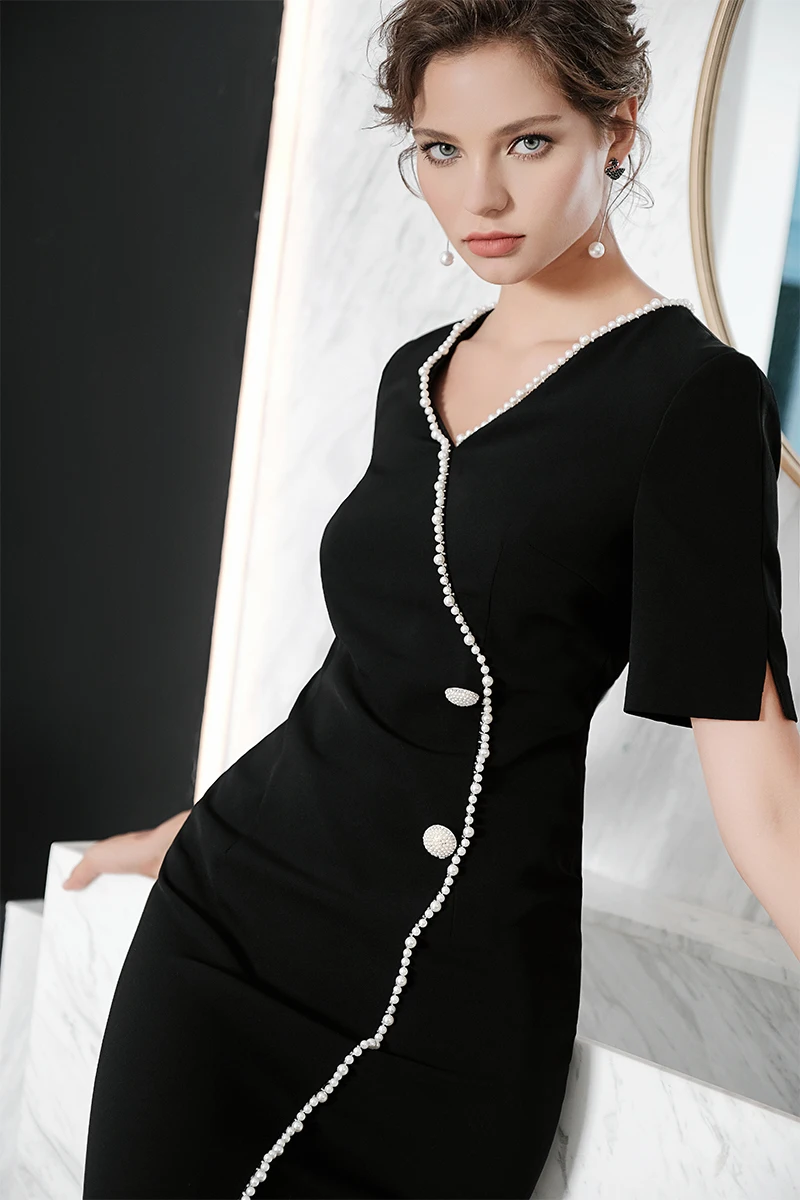 Женское приталенное платье с v-образным вырезом элегантное черное бисером C1694