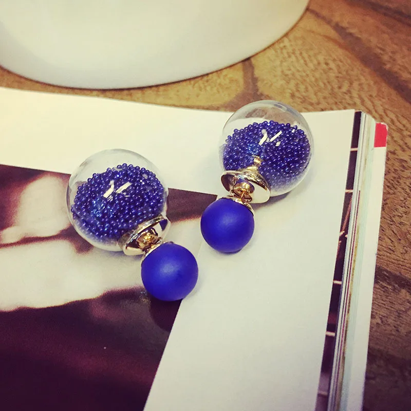 Sapphire Blue Горячее предложение, 1 пара, для женщин, девушек, леди, модные, трендовые, очаровательные, 7 цветов, толстые стеклянные бусины, двойные шарики, серьги-гвоздики, подарок - Окраска металла: Sapphire Blue