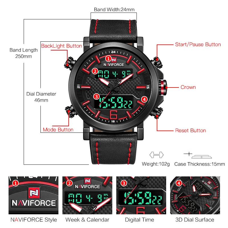 NAVIFORCE Лидирующий бренд Мужская Мода цифровой кварцевые наручные часы Открытый