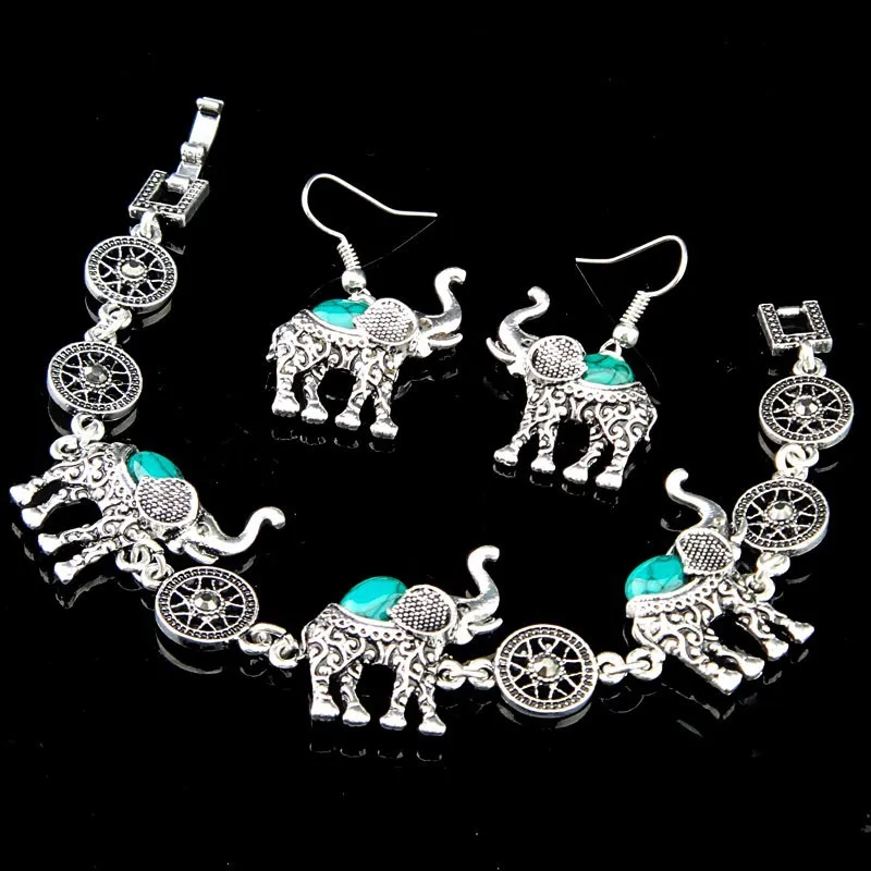 3 шт слон Зеленый Бирюзовый ожерелье браслет серьги женское животное античное