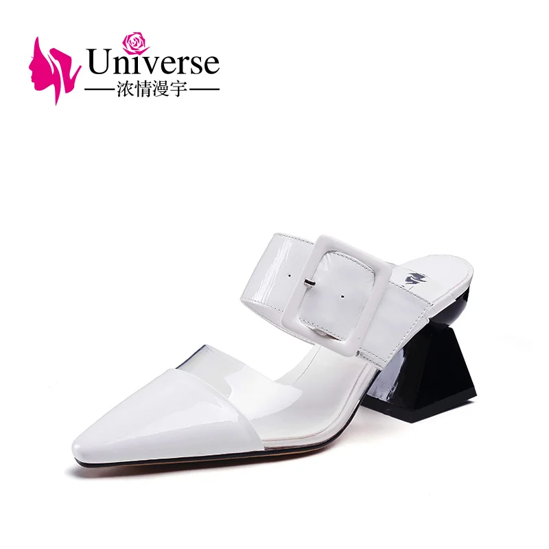 

Universe Handmade Patent Leather Women Summer Slippers Pointed Toe High Heel 7cm Square Heel Outside Ladies Summer Slippers J090