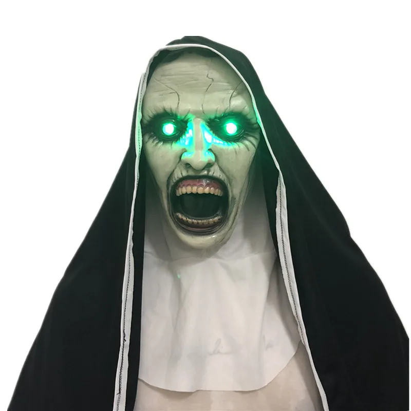 Монахини маска страшная маска с страшный голос с Led светильник Косплэй Valak латексные маски с платок на голову Шлем Хэллоуин вечерние реквизит - Цвет: Nuns mask A