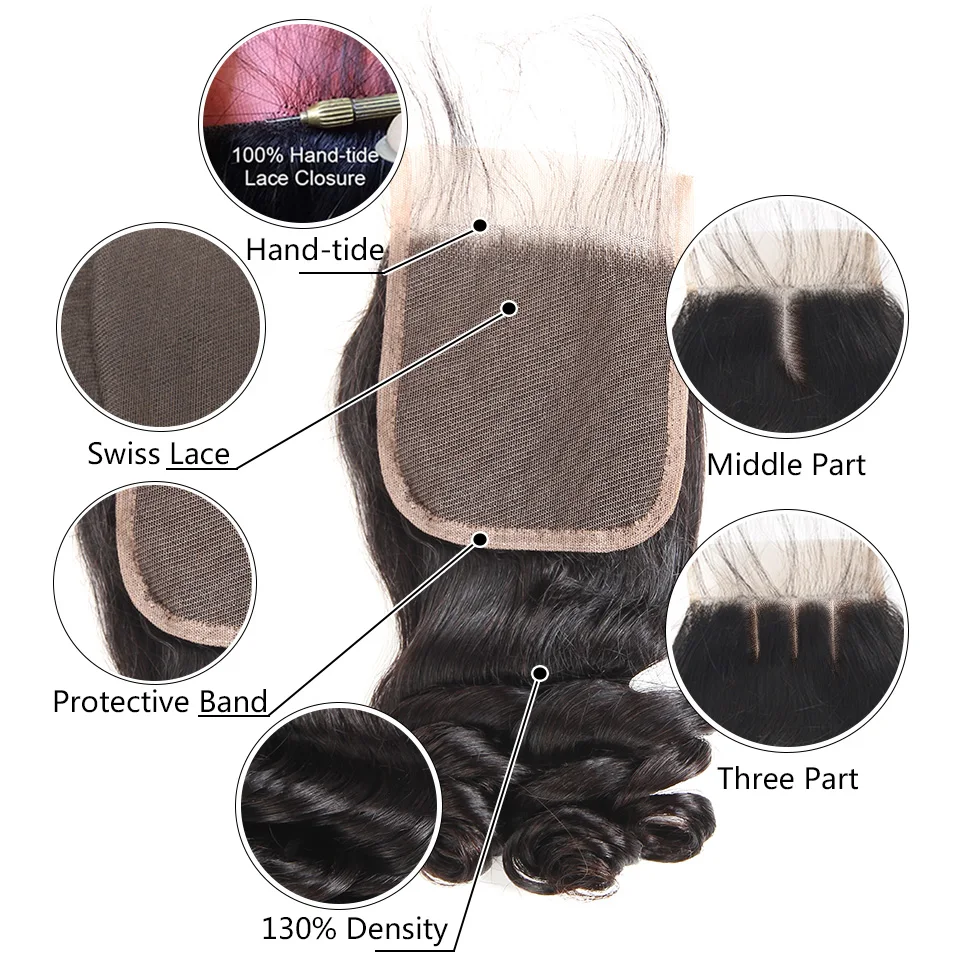 Supernova Hair 100% Human Bundles With Closure 4 Brazilian Loose Wave Weave Natural Black Remy Extension |