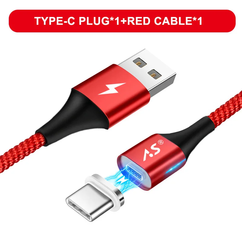 A.S светодиодный магнитный USB кабель для iPhone Micro USB кабель USB C магнит быстрое зарядное устройство нейлоновый кабель для передачи данных для samsung Xiaomi huawei - Цвет: Red for Type C