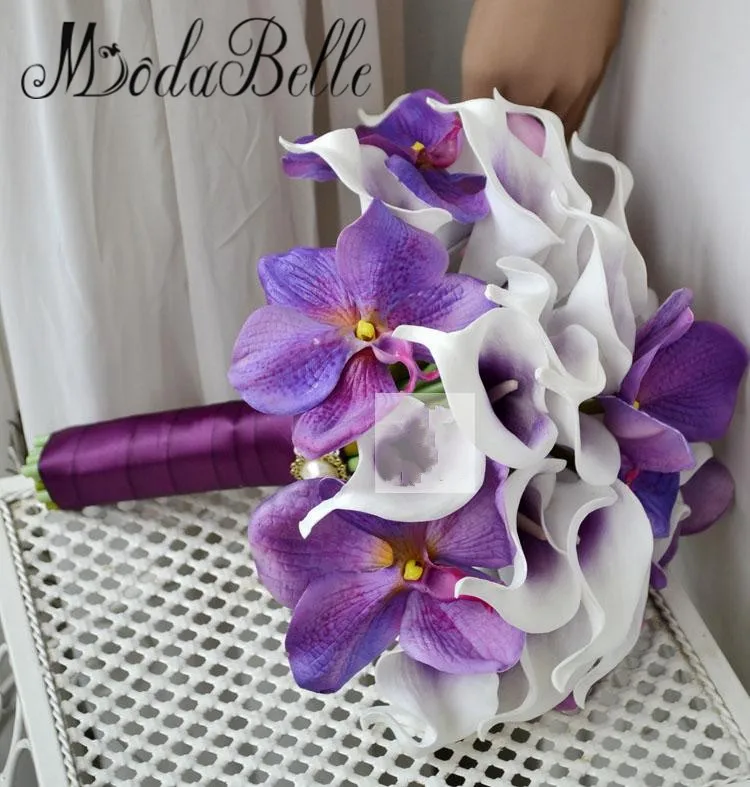 Modabelle 2017 элегантный фиолетовый каллы свадебные букеты искусственные свадебный