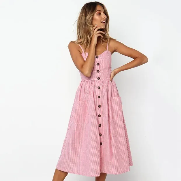 Summer Dress Women Sexy Striped Pocket White Vintage Female Elegant Bohemian Beach Party Dresses Plus Size Vestido JN9111 | Женская