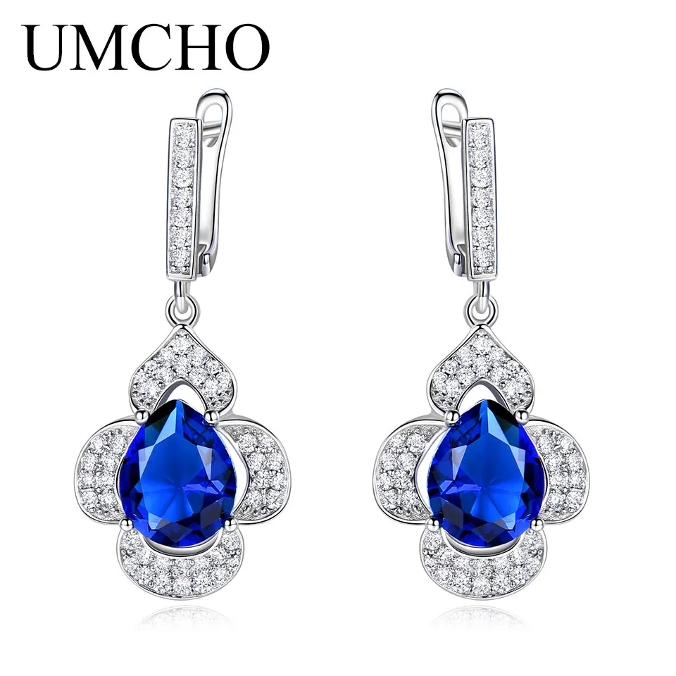 

UMCHO Blue Sapphire Drop Earrings for Women Gemstone Genuine 925 Sterling Silver Fashionable Romantic Gift Engagement Jewelry