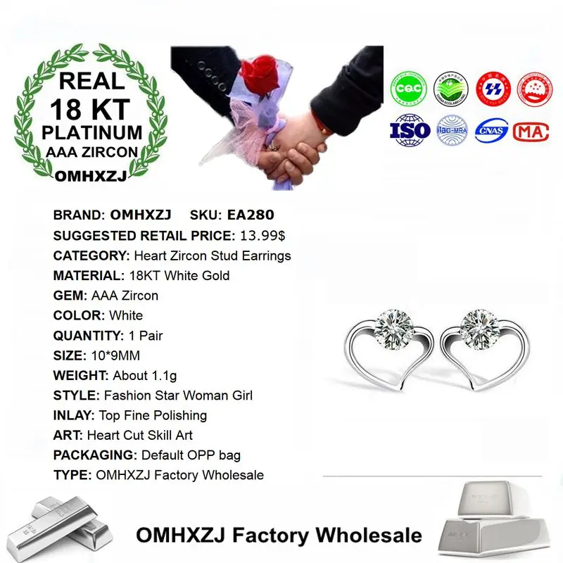 OMHXZJ Wholesale European Fashion Woman Girl Party Wedding Gift Heart White AAA Zircon 18KT Gold Stud Earrings EA280 | Украшения и