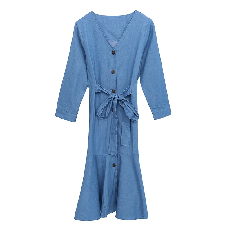 Корейский стиль повседневные хлопковые ковбойские с длинным рукавом v образным