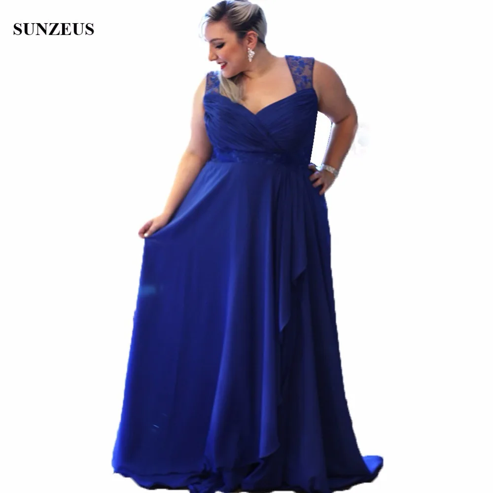 

A-line Sweetheart Pleated Plus Size Mother Of The Bride Dresses Long Royal Blue Chiffon Women Formal Gowns With Lace Strap CM007