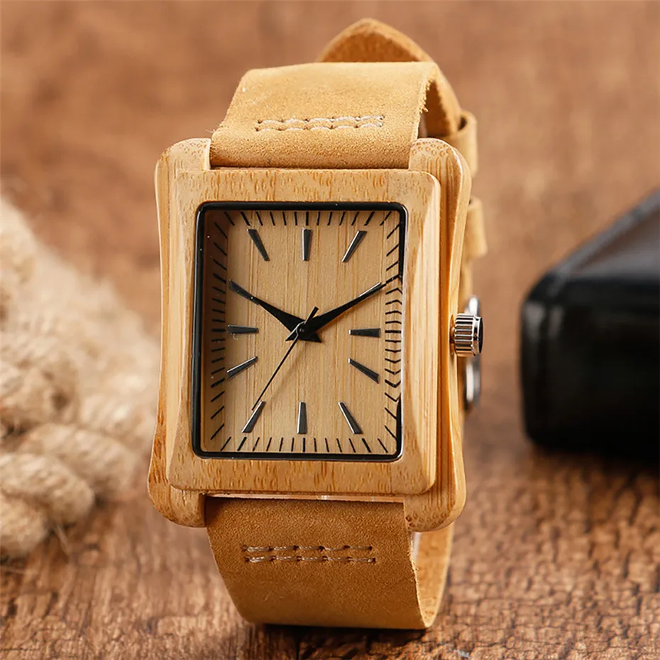 

Nature Bamboo Men Wood Watches Casual Retangle Shape Man Wrist Watch Genuine Leather Band Timepieces Simple Design Male Clock