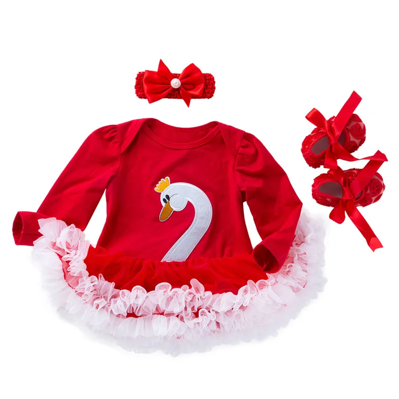 Red2 Baby Clothing Одежда для маленьких девочек с длинными рукавами, на шнурках, с принтом лебедя, 1 пара обуви+ 1 повязка на голову+ 1 платье, одежда для новорожденных, вечерние костюмы - Цвет: Red2 Baby Clothing