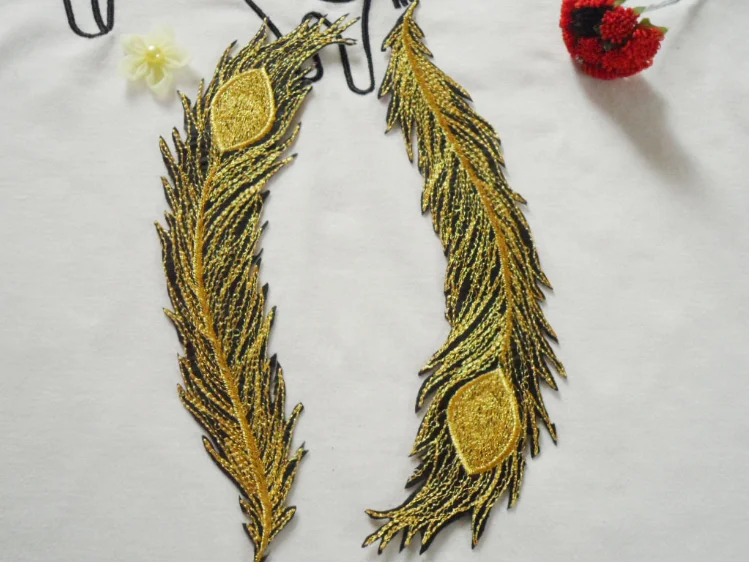 Embroidery Feather patches gold with blacklace applique collar wedding dress formal accessories fabric patch 10 pcs | Дом и сад