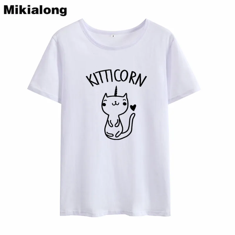 

Футболка Mikialong Женская хлопковая, милая рубашка с мультяшным котёнком, чёрная белая, свободная, лето 2018