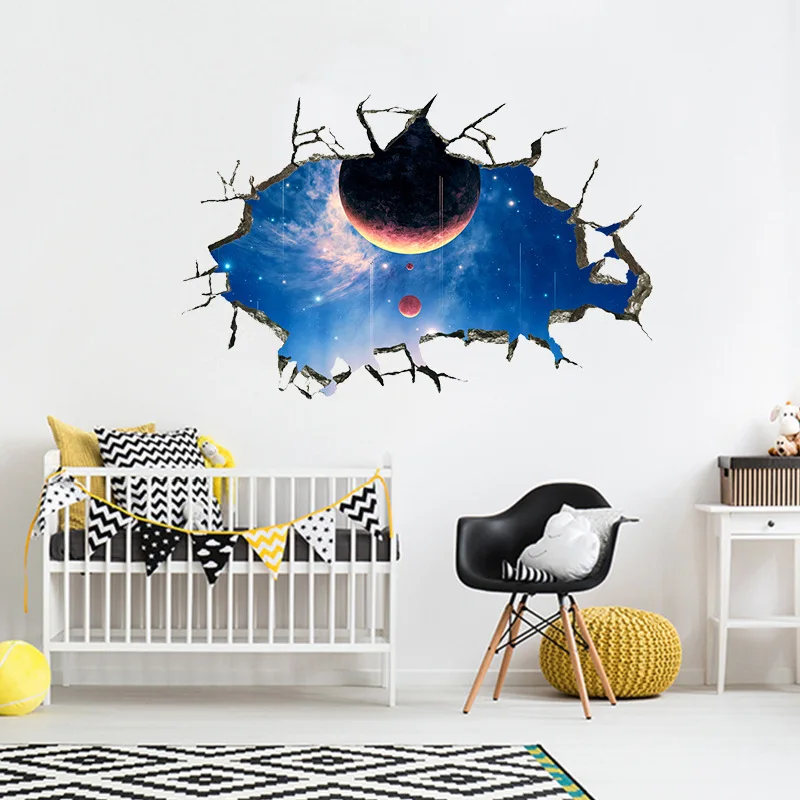 3D Broken Universe Planet Space Night Wall Stickers For Home Decoration Hole Mural Art Diy Kids Room Living Decals | Дом и сад