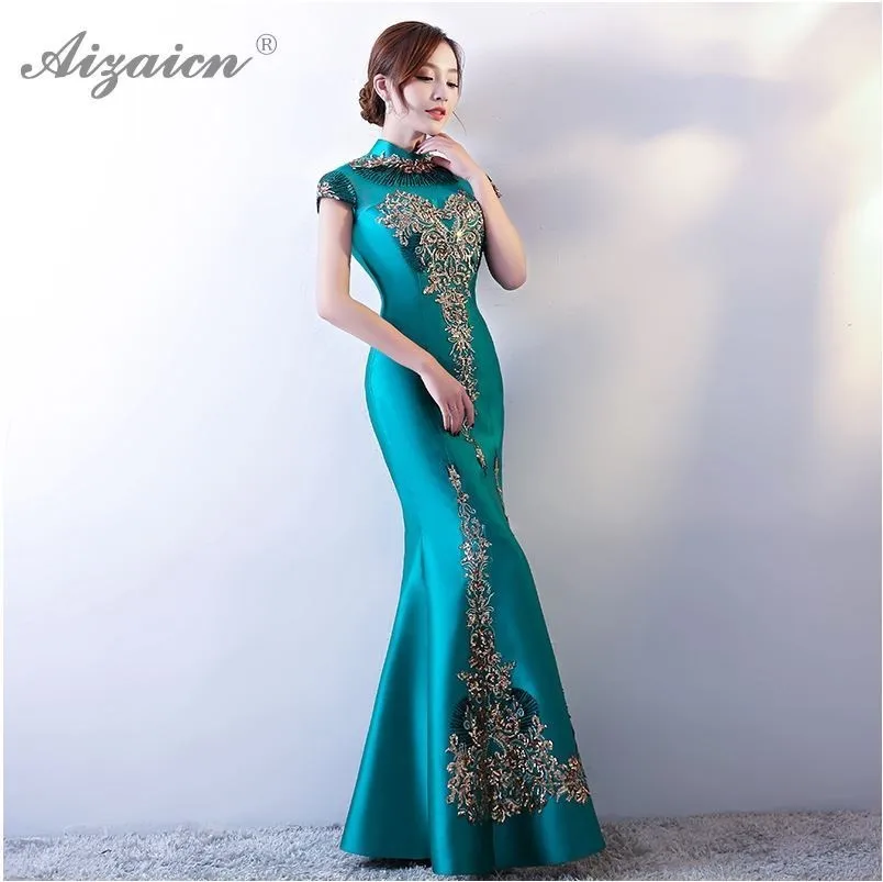 Современный зеленый вышивка Cheongsam хвост русалки Длинные Qipao Fsahion платья с блестками женское китайское вечернее платье Восточный стиль