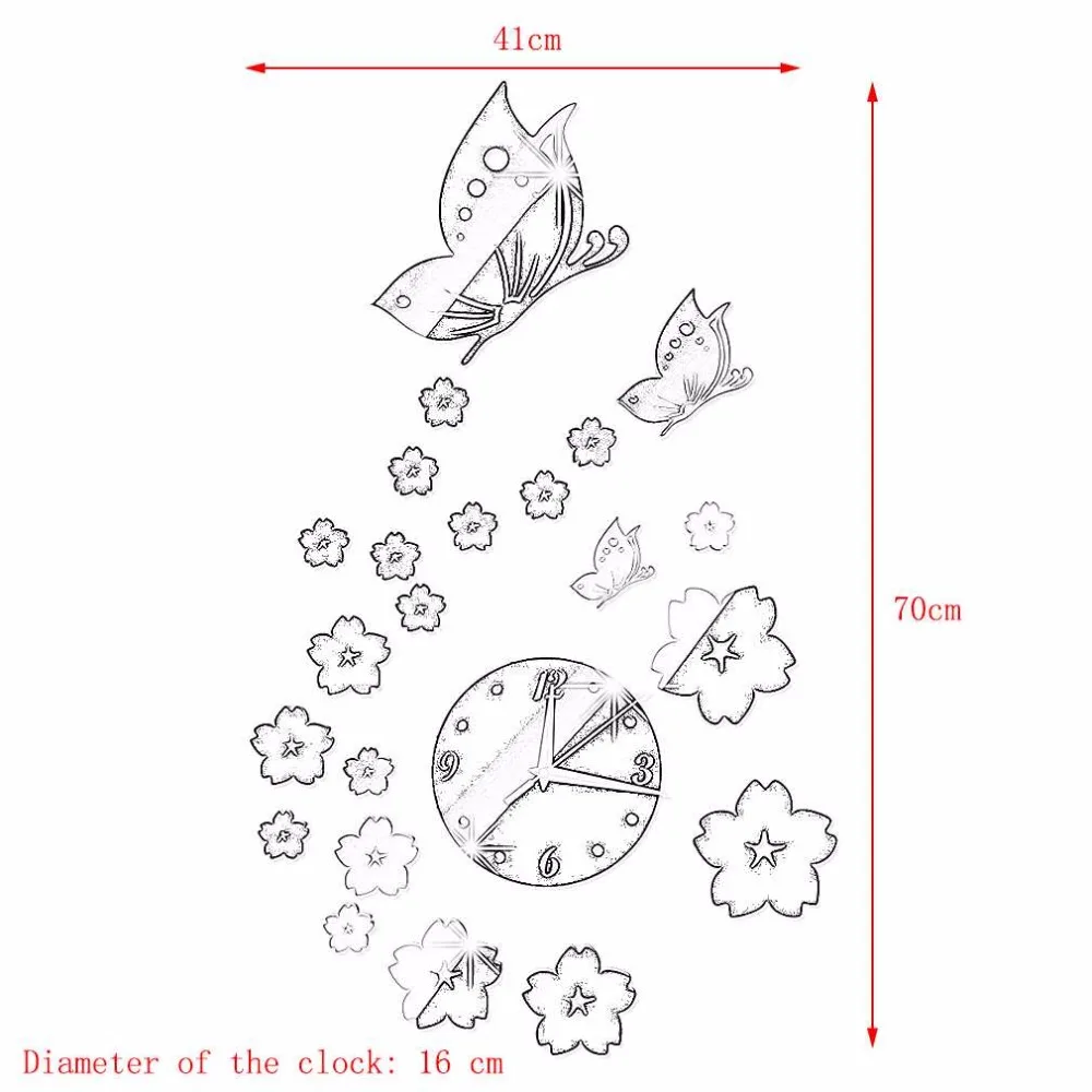 2 вида цветов зеркальные настенные наклейки 3D часы Бабочка узор CA005