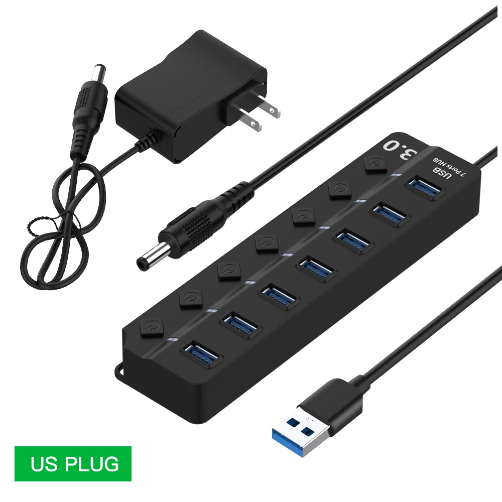 7 port US Plug 110V Robotsky usb-хаб 3,0 высокоскоростной 4/7 порт концентратор USB вкл/выкл переключатель USB разветвитель адаптер 5 в питание для ПК ноутбук - Цвет: 7 port US Plug 110V