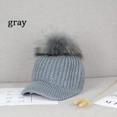 Fashion Big Hairball Baseball Caps for Women and Girl Autumn Winter Warm Knitted Hairy Hats Adjustable Wool Snapback Cap - Цвет: gray