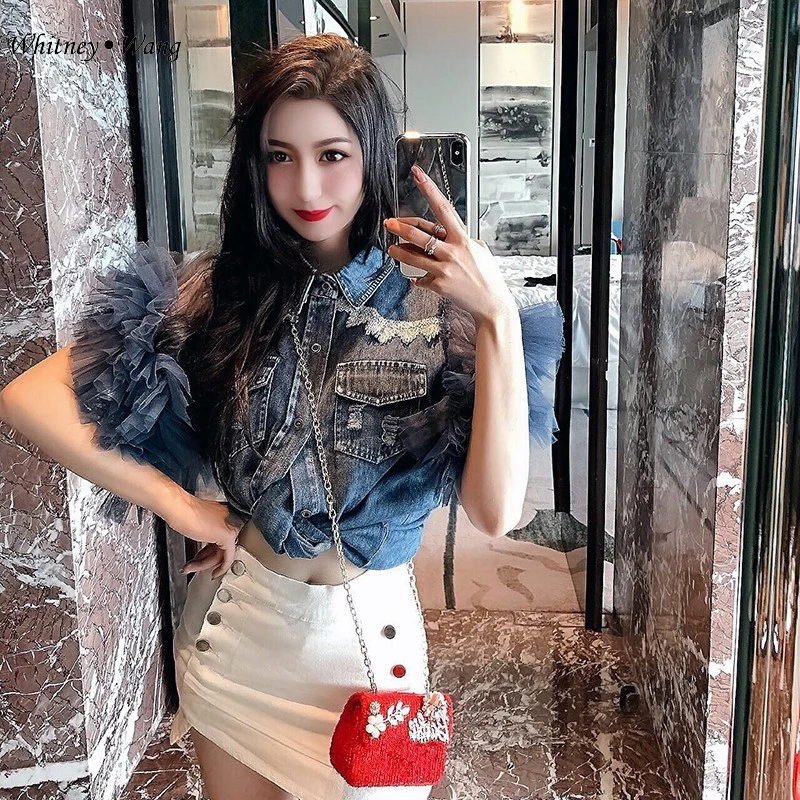WHITNEY WANG Лето 2019 г. модная уличная оборками с сетчатыми рукавами Лоскутная