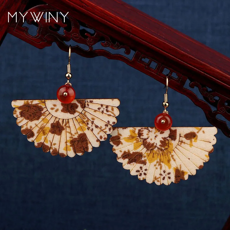 Серьги в форме веера MYWINY из дерева с тканевым узором 2 цвета | Украшения и