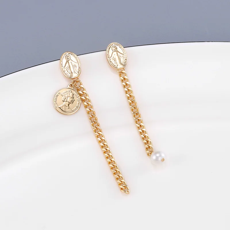 LILIE&ampWHITE Fashion Coins Long Drop Asymmetrical Earrings 2018 Gold Color Chain Imitation Pearls Women Jewelry HC | Украшения и
