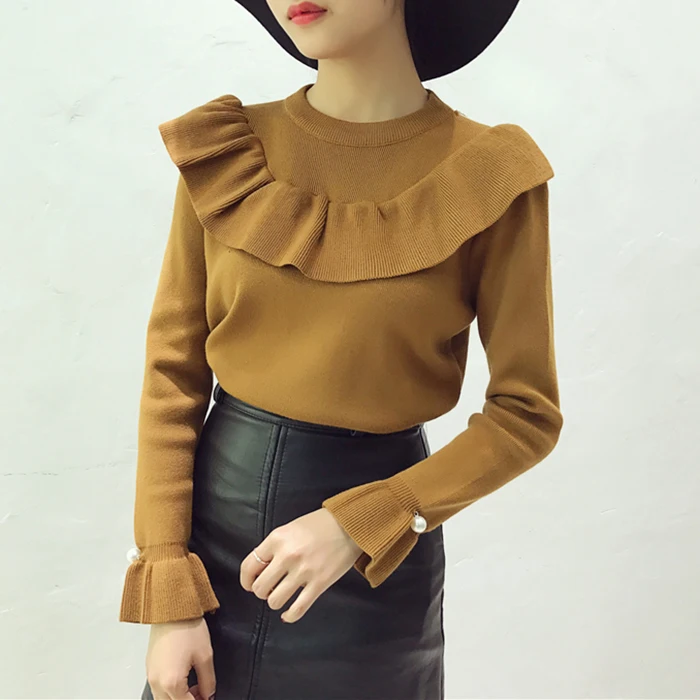 Женский трикотажный пуловер с оборками 6 цветов | Женская одежда