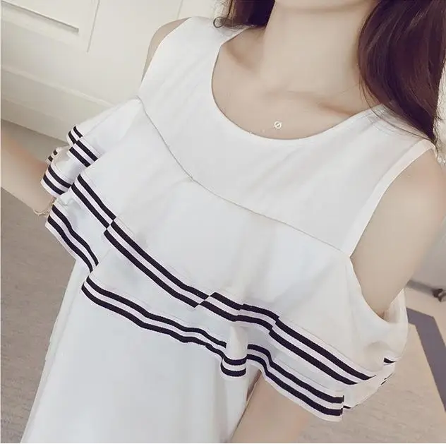 Summer dress Flap-sided striped a-style off-the-shoulder Sweet girlish Loose | Женская одежда