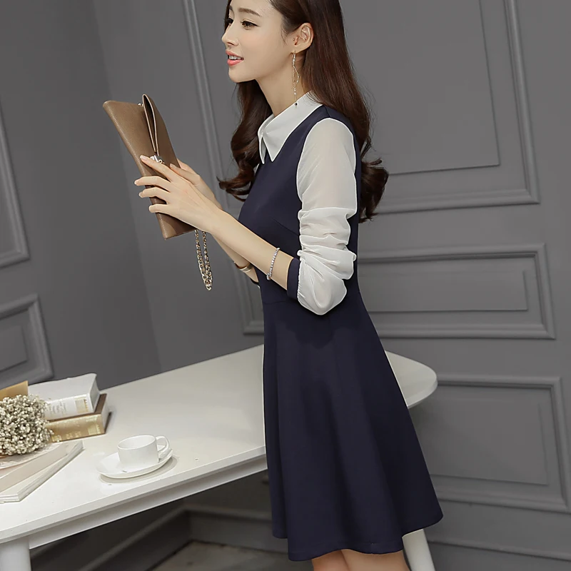 Весна 2016 женское синее платье средней длины с милым белым воротником Питер Пэн