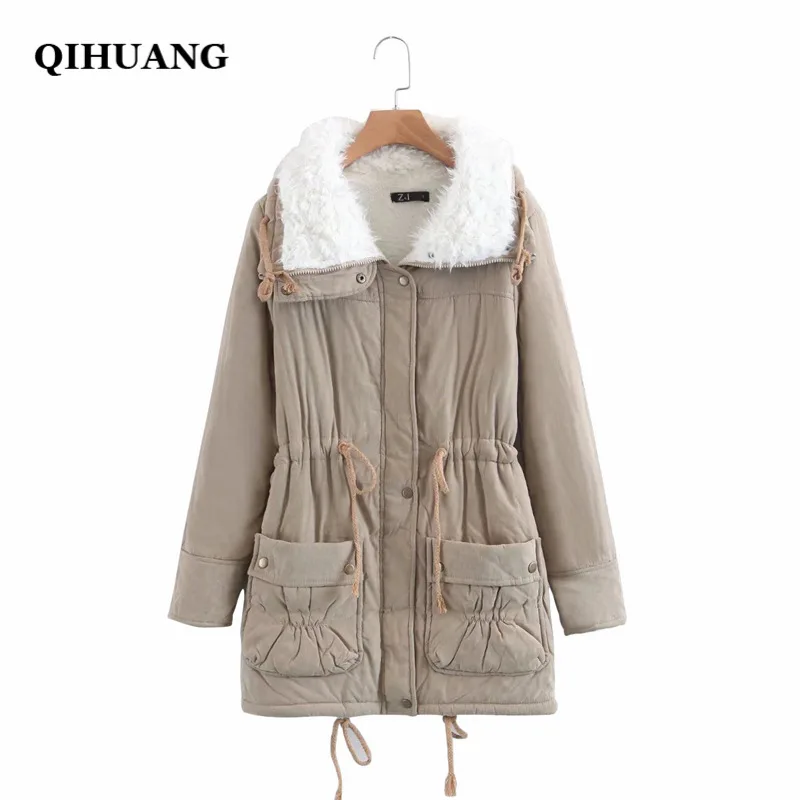 QIHUANG 2018 зимняя теплая шерсть вкладыш парки женские куртки тонкая талия