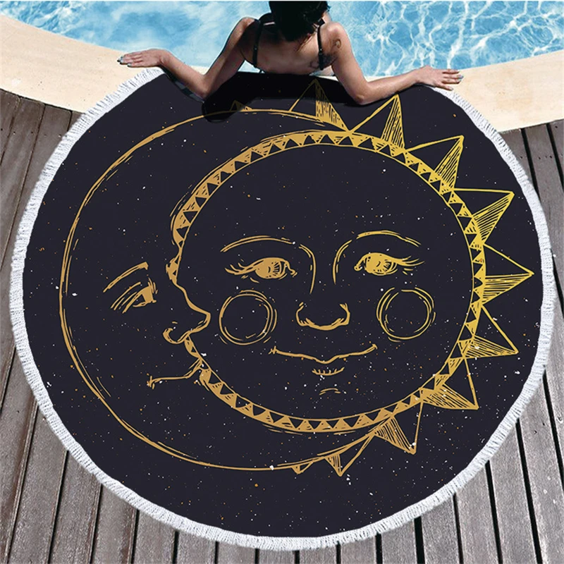 The Sun Moon Printed Bohemia Microfiber Large Round Beach Towel for Adults Hippie Thick India Yoga Mat Tassel Blanket Home Decor | Дом и сад