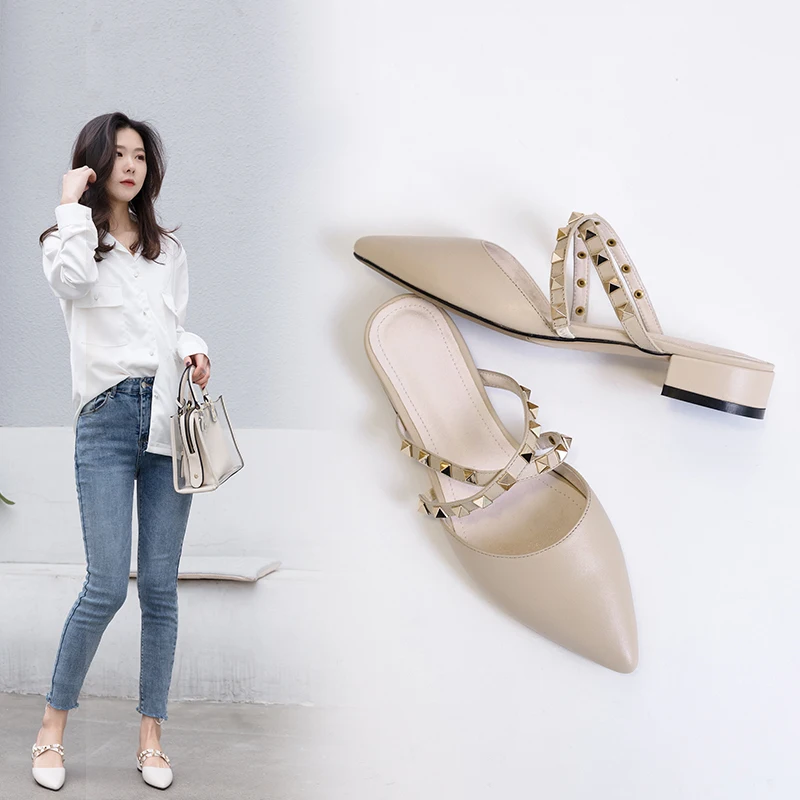 Kmeioo Fashion Rivets Sandals Woman Pointed Toe Square Heels Cross-Tie Low Heel Mule Slides Women Classic Dress Mules Beige | Обувь