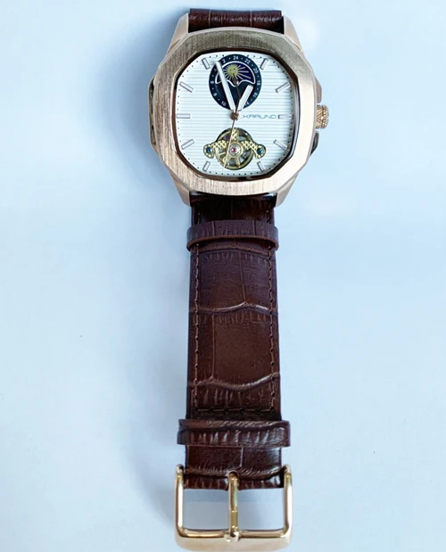 brown gold white MCE Мужские механические часы для мужчин модные автоматические часы мужские Moon Phase квадратные кожаные часы наручные часы с турбийоном - Цвет: brown gold white
