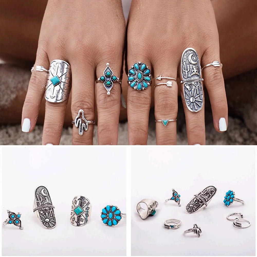 FAMSHIN 9 шт./компл. винтажный набор колец уникальный резной старинный серебряный