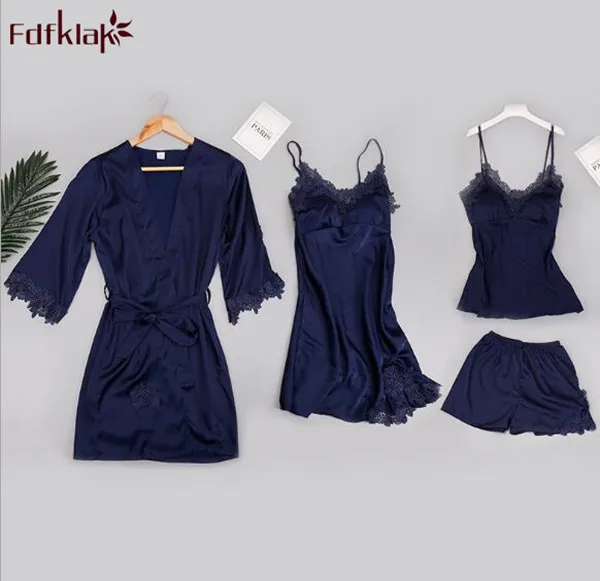 Fdfklak комплект из 4 предметов сексуальные женские шелковые пижамы комплекты