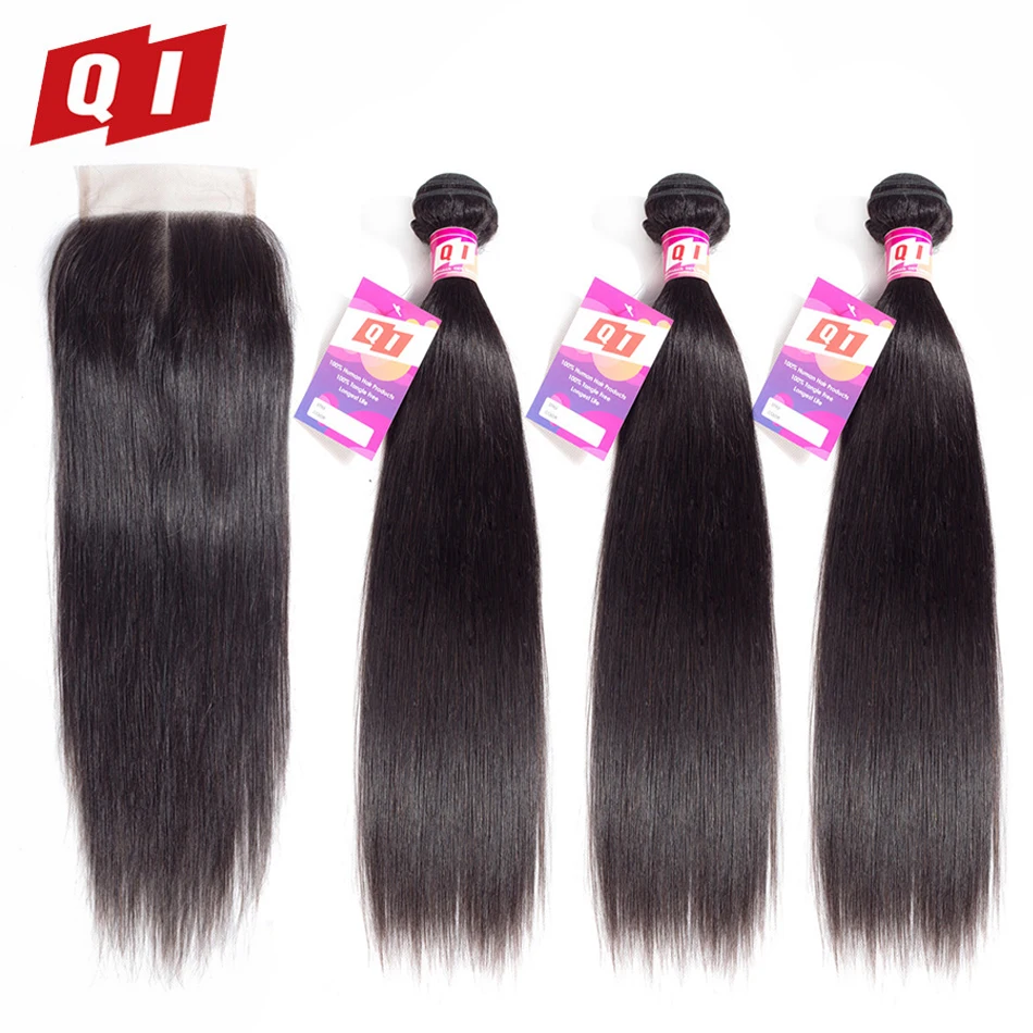 QI волос Бразильский Натуральный Цвет 3 Связки с 4*4 синтетическое закрытие шнурка