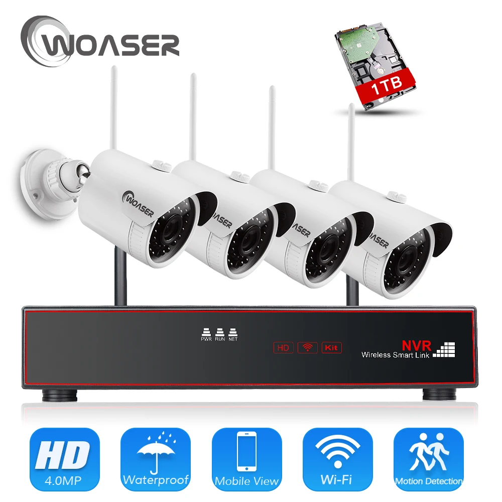 Woaser plug and play 4.0mp H.265 4ch Беспроводной NVR комплект P2P HD Открытый ИК 36leds Ночное Видение