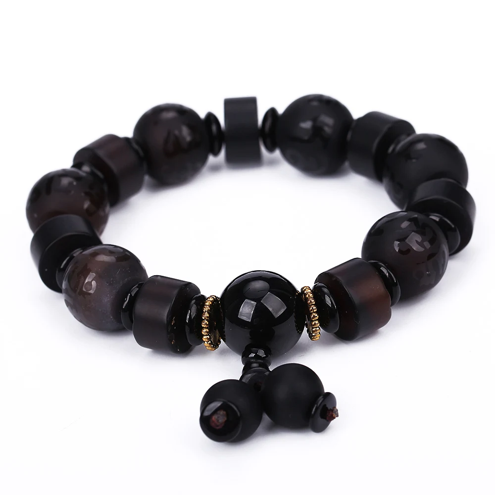 Natural Stone Black Agate Reiki Obsidian Six-Word Mantra Beads Bracelets For Women Men Classic Elastic Jade Buddha Bracelet Gift | Украшения