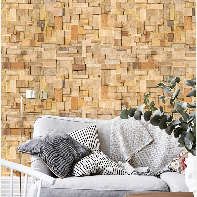 

Bacaz 3D Wood Grid wall paper Mural for Living Room Sofa Backdrop 3d Wood Wallpaper Mural 3d Grid Stickers Art Wall Decor