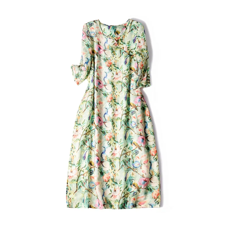 Floral Женское платье льняное винтажное платье с цветочным принтом в китайском стиле Новое весеннее платье для женщин длиной до колена - Цвет: Floral