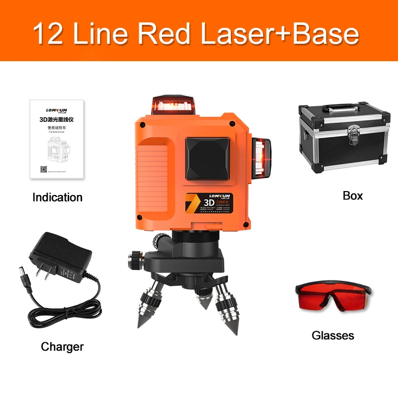 12 Lines Red 3D base LOMVUM лазерный уровень 3D 12 линия 360 роторный зеленый лазерный нивелир Красный Горизонтальный Вертикальный крест линия открытый лазерный уровень с базой - Цвет: 12 Lines Red 3D base