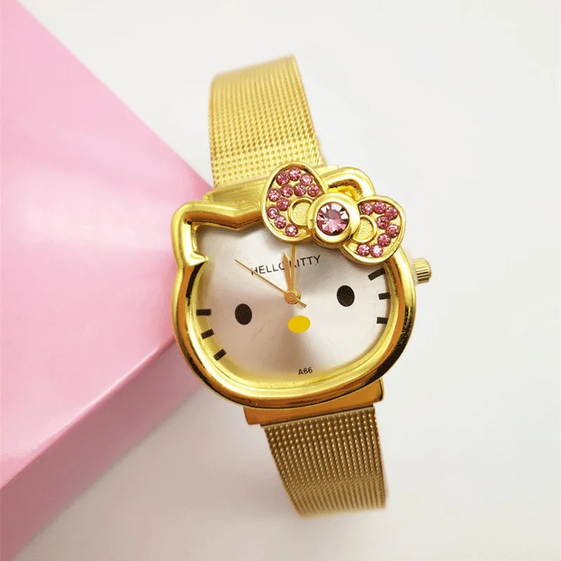 Gold KT кварцевые часы из нержавеющей стали Hello kitty, Детские бриллиантовые часы для девочек и мальчиков, студенческие часы, наручные часы - Цвет: Gold