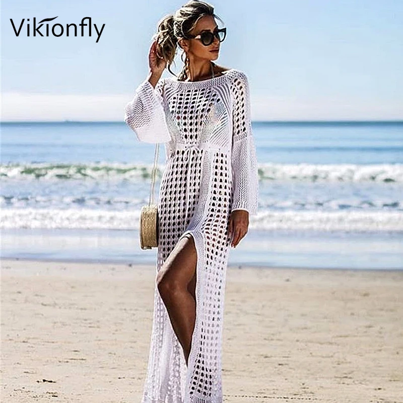 Длинная Пляжная накидка Vikionfly вязаная крючком бикини женский летний белый