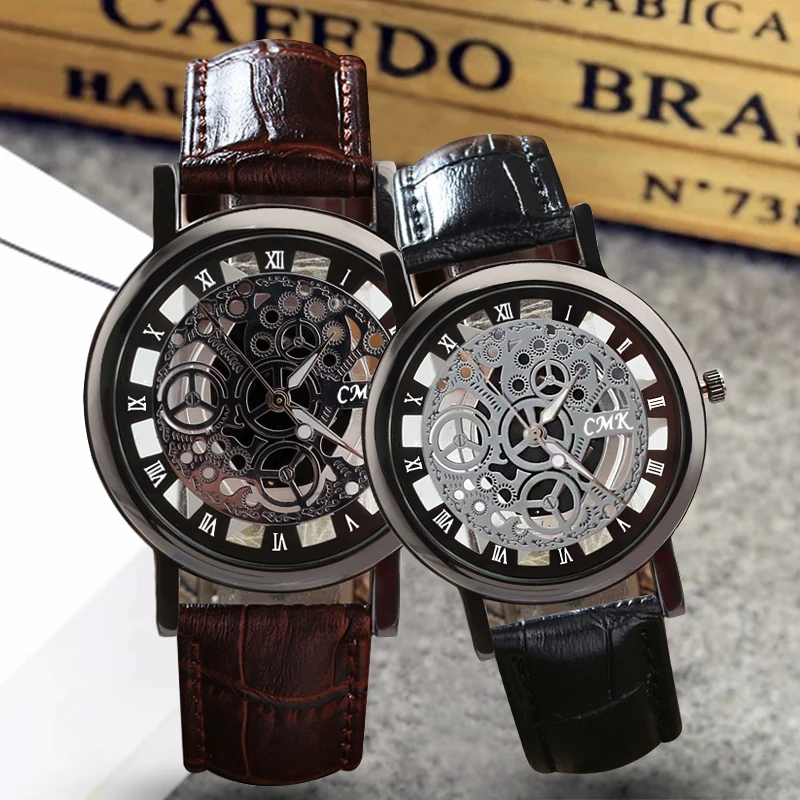 Модные крутые часы Роскошные бизнес Скелет Мужские кварцевые кожаные гравировка