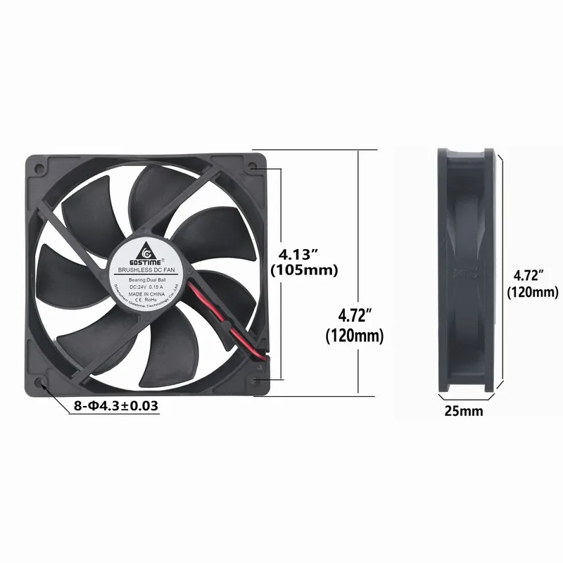 100 шт. Gdstime 12 см 0.15A шариковый подшипник 120 мм x 25 24 вольт DC бесщеточный ПК корпус