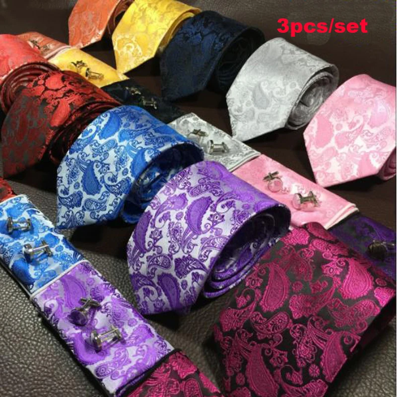 New Paisley Mens Ties Pocket Square and Cufflinks for Wedding Business Suits Fashion Corbatast Floral 3pcs/set | Аксессуары для