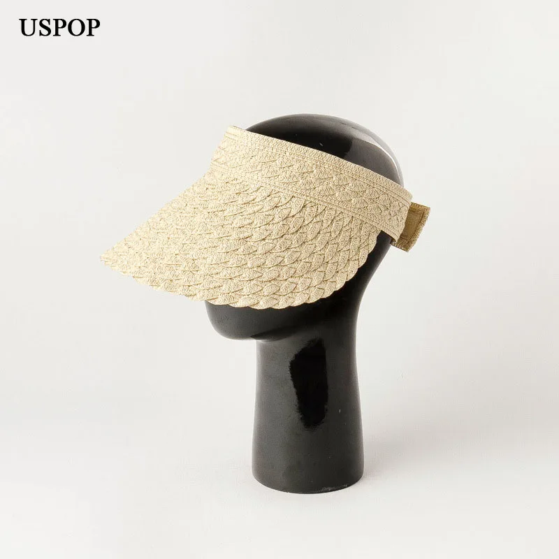 

USPOP 2020 New Summer hat female Pattern weaving straw hat adjustable wide brim sun hat without top straw beach visor cap