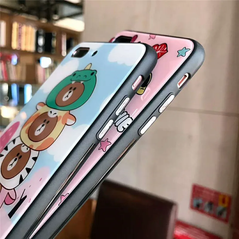 Cute Cartoon Bear minnie Tempered Glass soft Edge Case for iPhone 7 8 6 6s plus X Funny Stacked bear love heart coque cover |