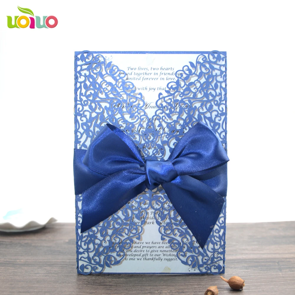 

50 Luxury Laser Cut Wedding Invitations Cards sea blue Vintage Elegant Birthday Greeting Card Kits Event Party Supplier
